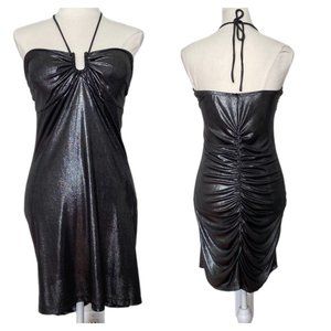 U&Me Vintage Women's Silver Metallic Padded Back Ruched Bodycon Cocktail Dress L